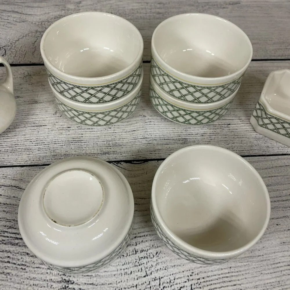 Buffalo China USA Green Yello Lattice Milk Pitcher With Butter Dish 6 Bo…